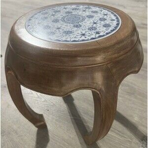Chinese Old Wood Carved Blue & White Porcelain Taboret Stool Chair Stand
